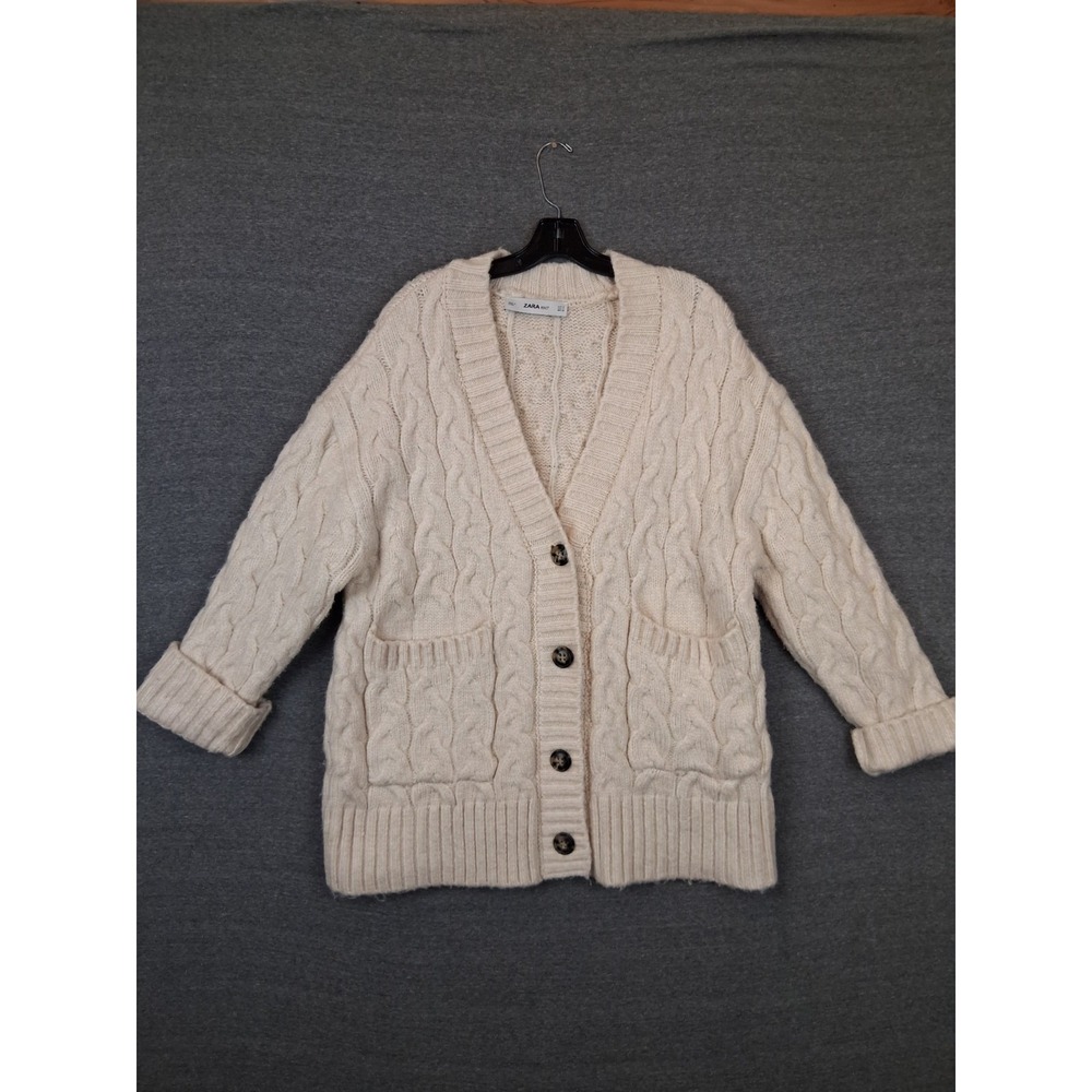 Zara Mens Sweater S Beige Wool Blend Cable Knit Heavy Cardigan Fisherman Grandpa